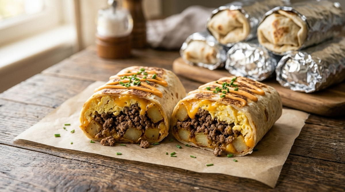 Cheesy Beef Breakfast Burritos